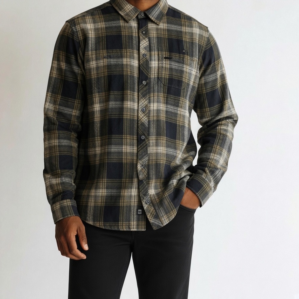 Billabong NWT Coastline Wave Washed Flannel Shirt Black Khaki Plaid Mens S